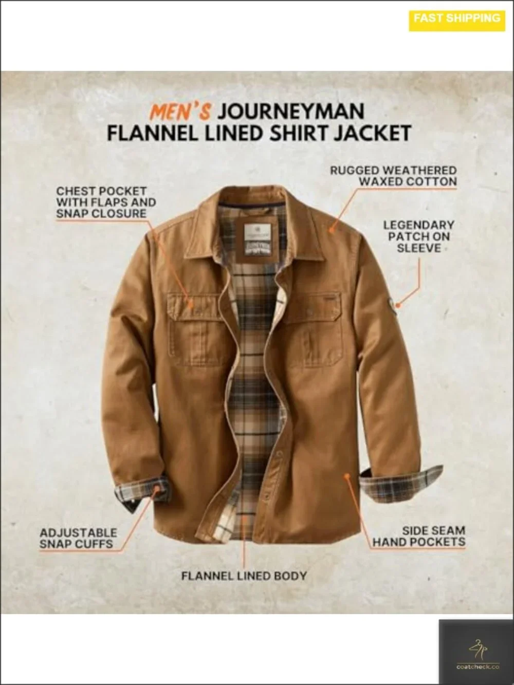 Men's Waxed Cotton Flannel Lined Shirt Jacket Casual Snap